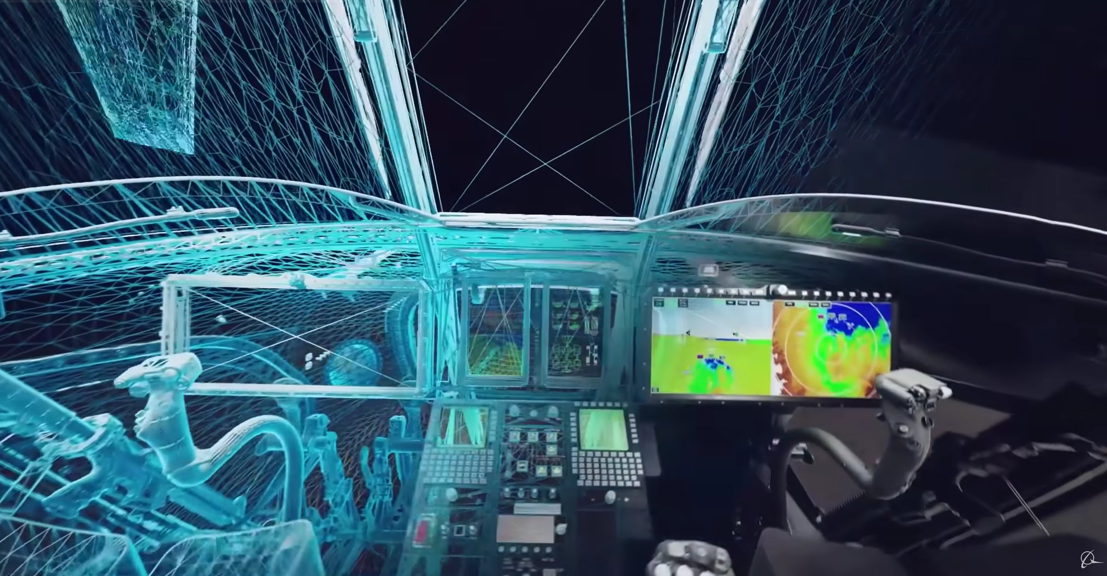 Digital wireframe transition revealing a Chinook cockpit